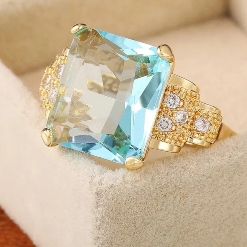 New Fashion 18K Yellow Gold Plated Aquamarine Ring - Picture 2 of 7